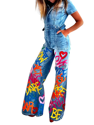 'Straight Outta NYC' Painted Denim Jumpsuit
