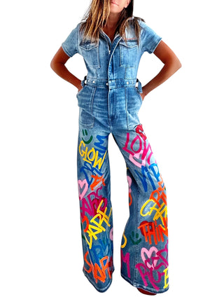 'Straight Outta NYC' Painted Denim Jumpsuit