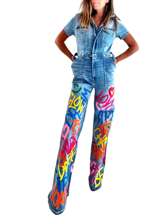'Straight Outta NYC' Painted Denim Jumpsuit