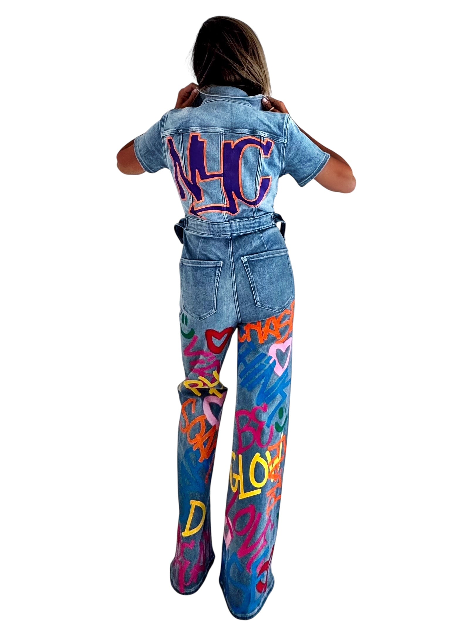'Straight Outta NYC' Painted Denim Jumpsuit