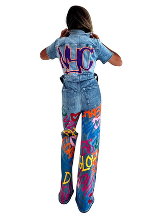 'Straight Outta NYC' Painted Denim Jumpsuit