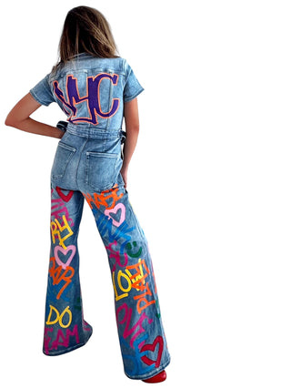 'Straight Outta NYC' Painted Denim Jumpsuit