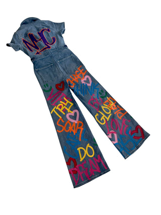 'Straight Outta NYC' Painted Denim Jumpsuit