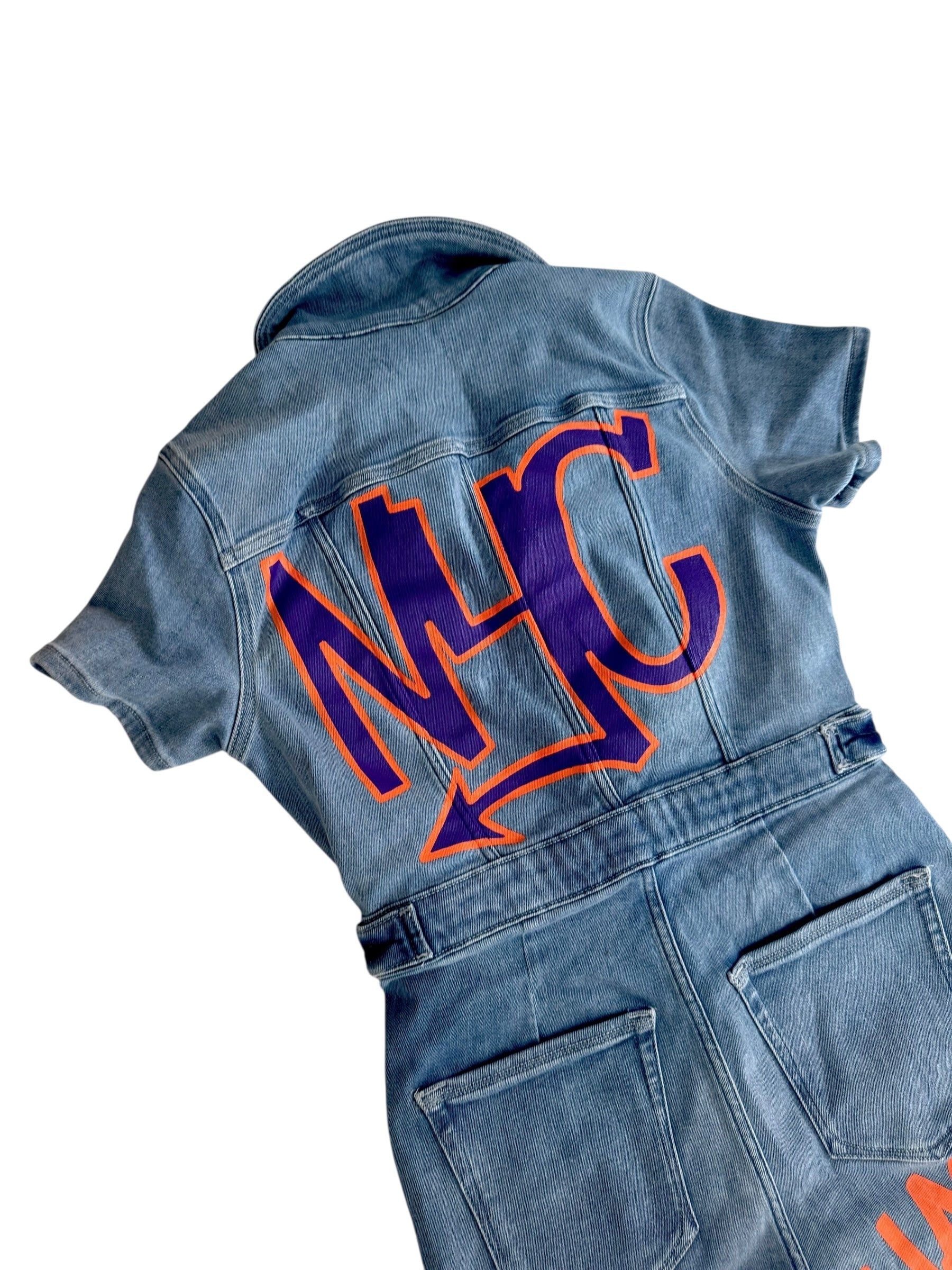 'Straight Outta NYC' Painted Denim Jumpsuit