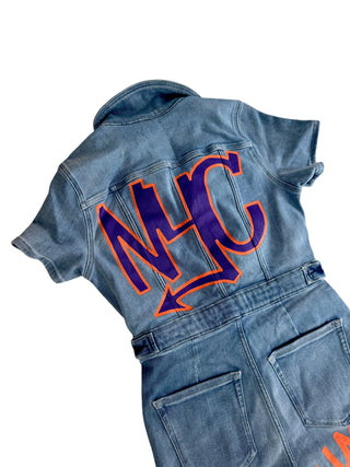 'Straight Outta NYC' Painted Denim Jumpsuit