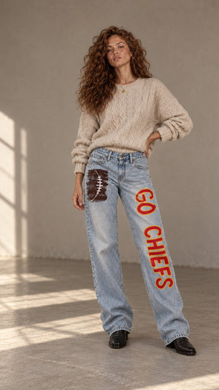 'Go Team' Painted Jeans