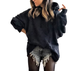 The perfect oversized black distressed hoodie. APRES SKI painted on back in semi circle, with mountain outline along bottom. Signed @wrenandglory