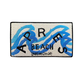 Light blue rectangle patch with wave, and APRES BEACH. Embroidered patch. 4 Inches Iron on. Signed @wrenandglory