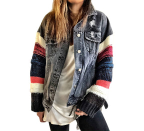 Black denim jacket with super comfortable & colorful knit sleeves. GOOD GIRLS GO TO HEAVEN, BAD GIRLS GO BACKSTAGE painted on back in bright red. Signed @wrenandglory.