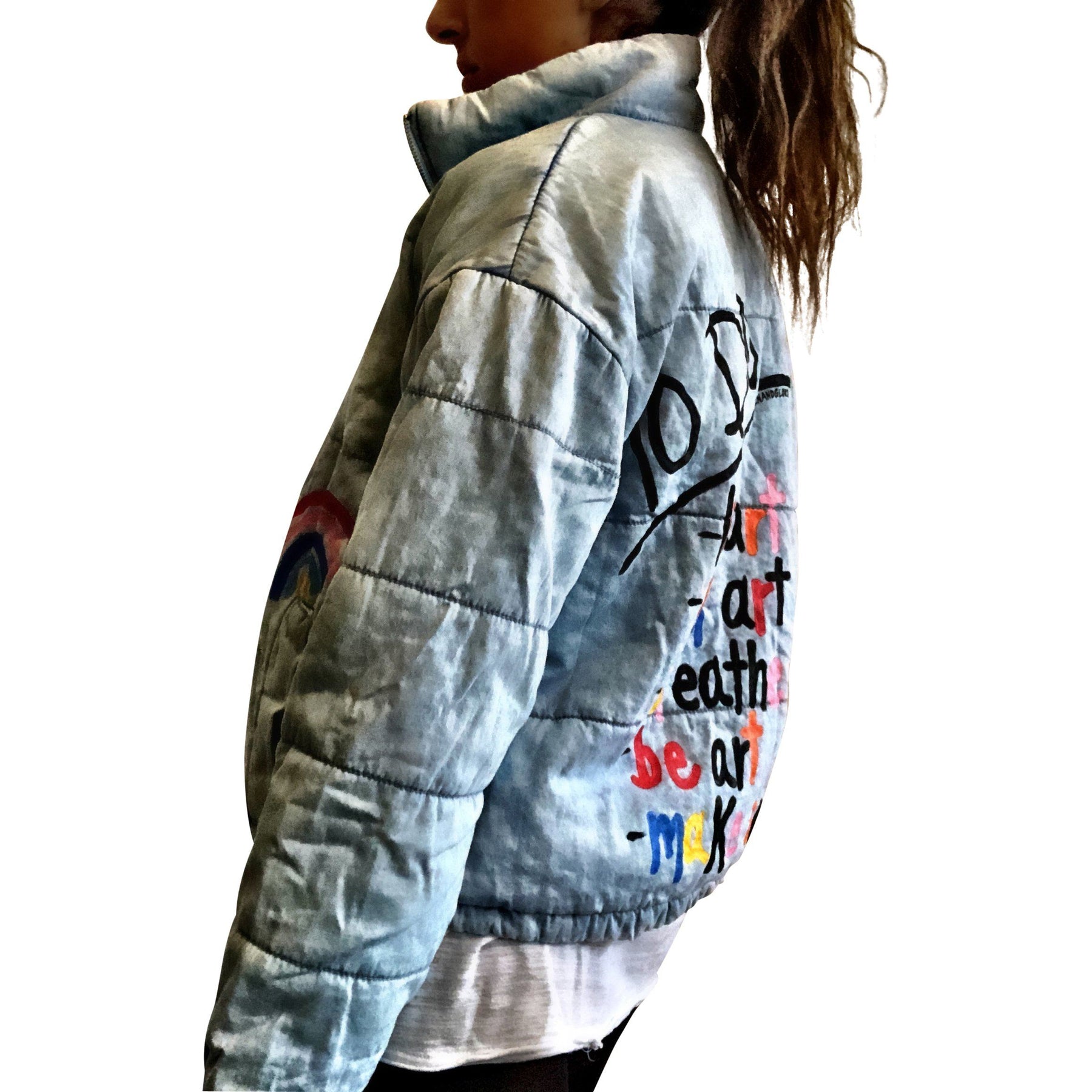 Perfect denim puffer jacket. Painted on back in black and assorted colors - TO DO: Love Art, Feel Art, Breathe Art, Be Art, Make Art Small rainbow painted on front. Signed @wrenandglory.