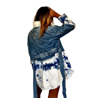 Blue denim, with white cotton along bottom half and bottom of sleeves. Blue tie dye pattern on white portion. Collar and front pockets painted white. Signed @wrenandglory.