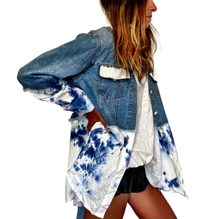 Blue denim, with white cotton along bottom half and bottom of sleeves. Blue tie dye pattern on white portion. Collar and front pockets painted white. Signed @wrenandglory.