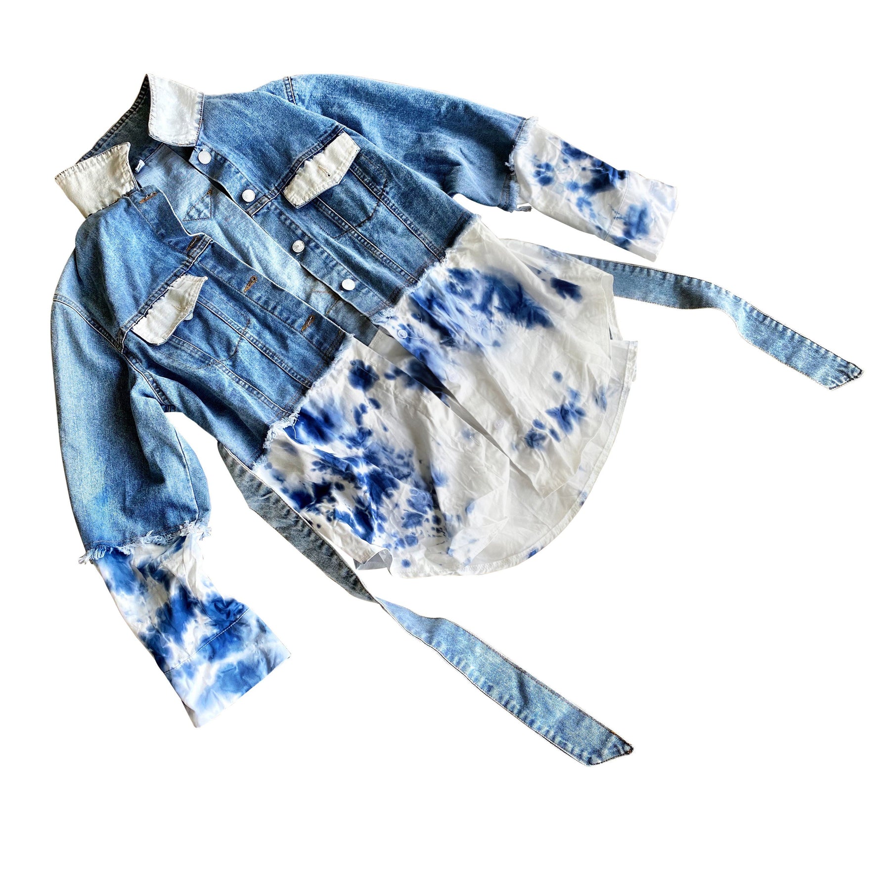 Blue denim, with white cotton along bottom half and bottom of sleeves. Blue tie dye pattern on white portion. Collar and front pockets painted white. Signed @wrenandglory.