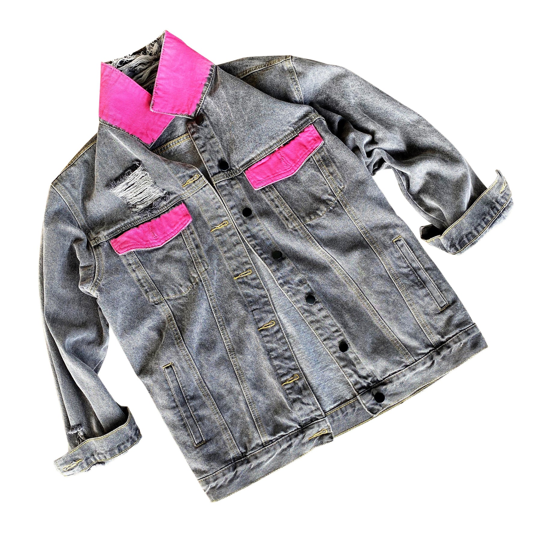 Faded black denim. BE THE SH*T logo painted on back in neon effect in bright pink. Collar and front pockets painted white. Signed @wrenandglory.