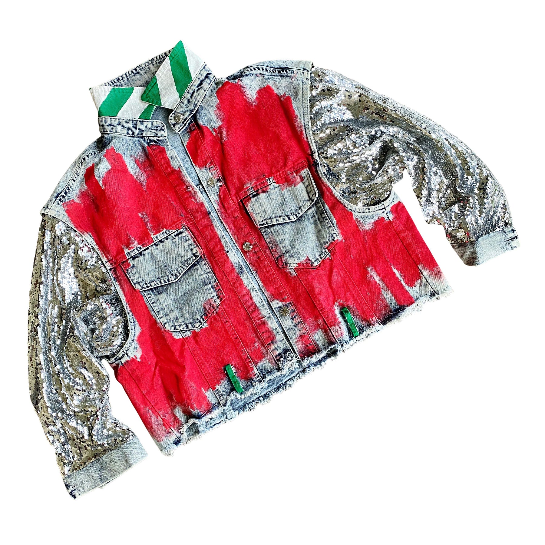 Blue denim jacket with sequined sleeves. Red base painted throughout, with gingerbread man on back, and BITE ME in semi circle above it. Signed @wrenandglory.