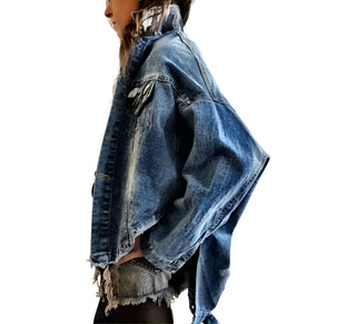 Dark blue denim jacket with long back. White and black pattern painted on back, with ART SCHOOL DROPOUT painted over it in white. Collar and front pockets painted with black and white pattern. Signed @wrenandglory.