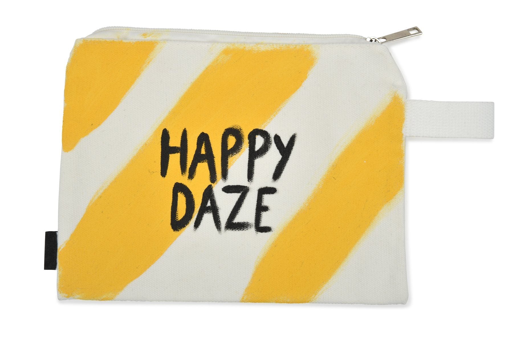 White denim zippered pouch. Hand painted stripes and 'HAPPY DAZE' on one side, and smoking utensil on another side.
