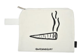 White denim zippered pouch. Hand painted stripes and 'HAPPY DAZE' on one side, and smoking utensil on another side.