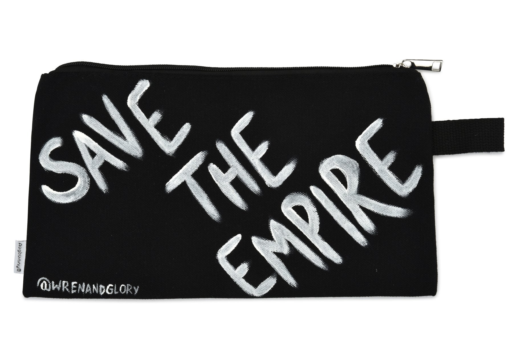 Black denim zippered pouch Hand painted 'Damn The Man' on one side, 'Save The Empire' on the other side.