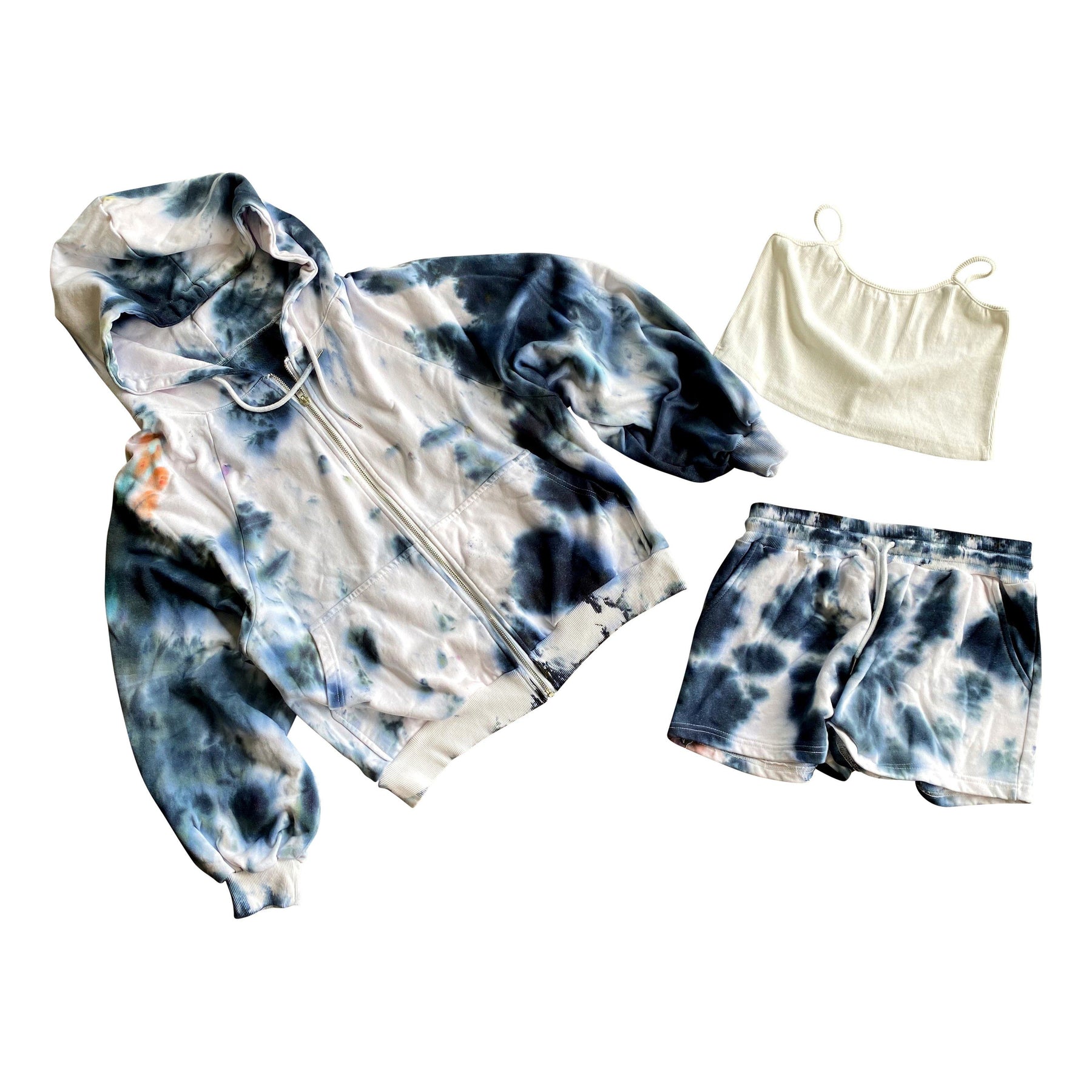 Zip up hoodie, shorts and a little crop top set. Tie Dyed with black dye. Signed @wrenandglory.