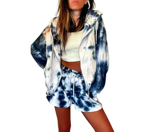 Zip up hoodie, shorts and a little crop top set. Tie Dyed with black dye. Signed @wrenandglory.