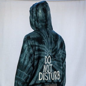 The perfect tie dye hoodie. DO NOT DISTURB painted on back in white. Light blue peace sign painted on front chest on blue hoodie, and white on heather grey hoodie. Signed @wrenandglory.