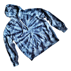 The perfect tie dye hoodie. DO NOT DISTURB painted on back in white. Light blue peace sign painted on front chest on blue hoodie, and white on heather grey hoodie. Signed @wrenandglory.