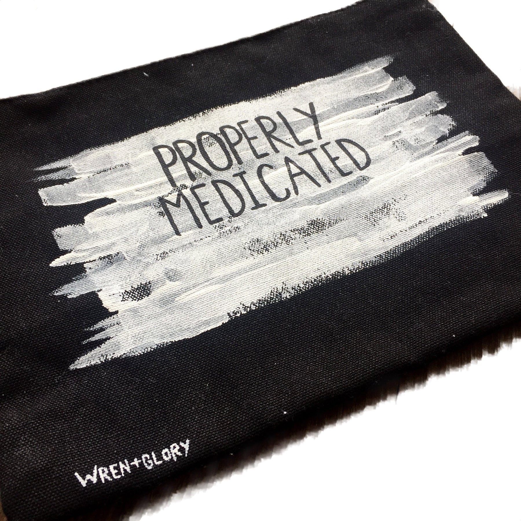Black canvas zippered pouch Hand painted 'MEDICATED' theme