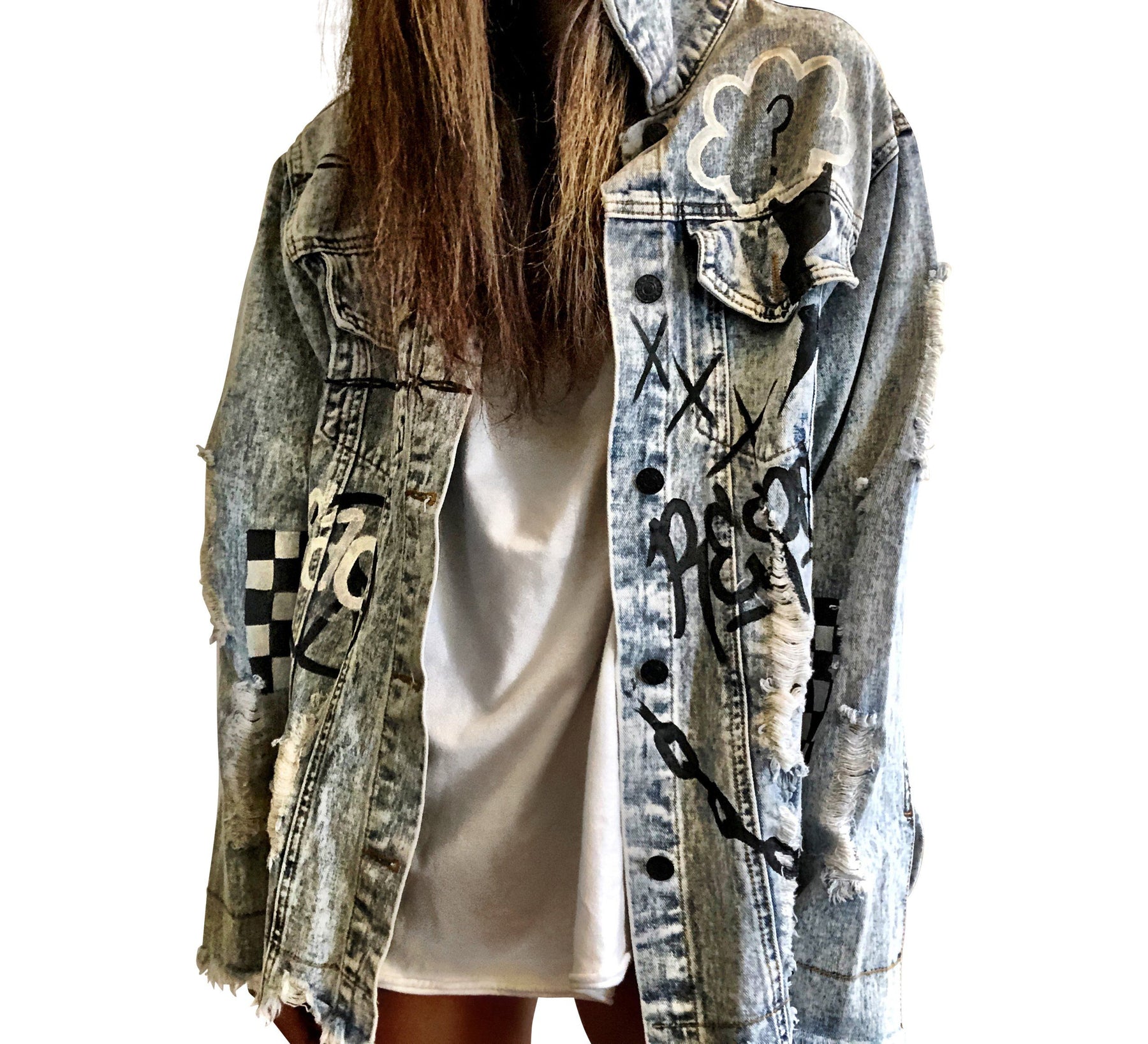 Light blue denim wash. Graffiti style paint throughout entire jacket, in black and white. Choose your name and city to be painted on. Please specify info above. Signed @wrenandglory.