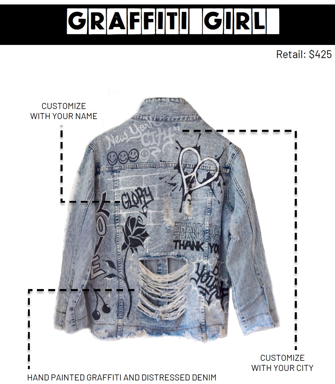 Light blue denim wash. Graffiti style paint throughout entire jacket, in black and white. Choose your name and city to be painted on. Please specify info above. Signed @wrenandglory.