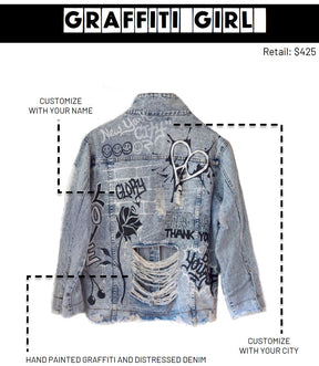 Light blue denim wash. Graffiti style paint throughout entire jacket, in black and white. Choose your name and city to be painted on. Please specify info above. Signed @wrenandglory.