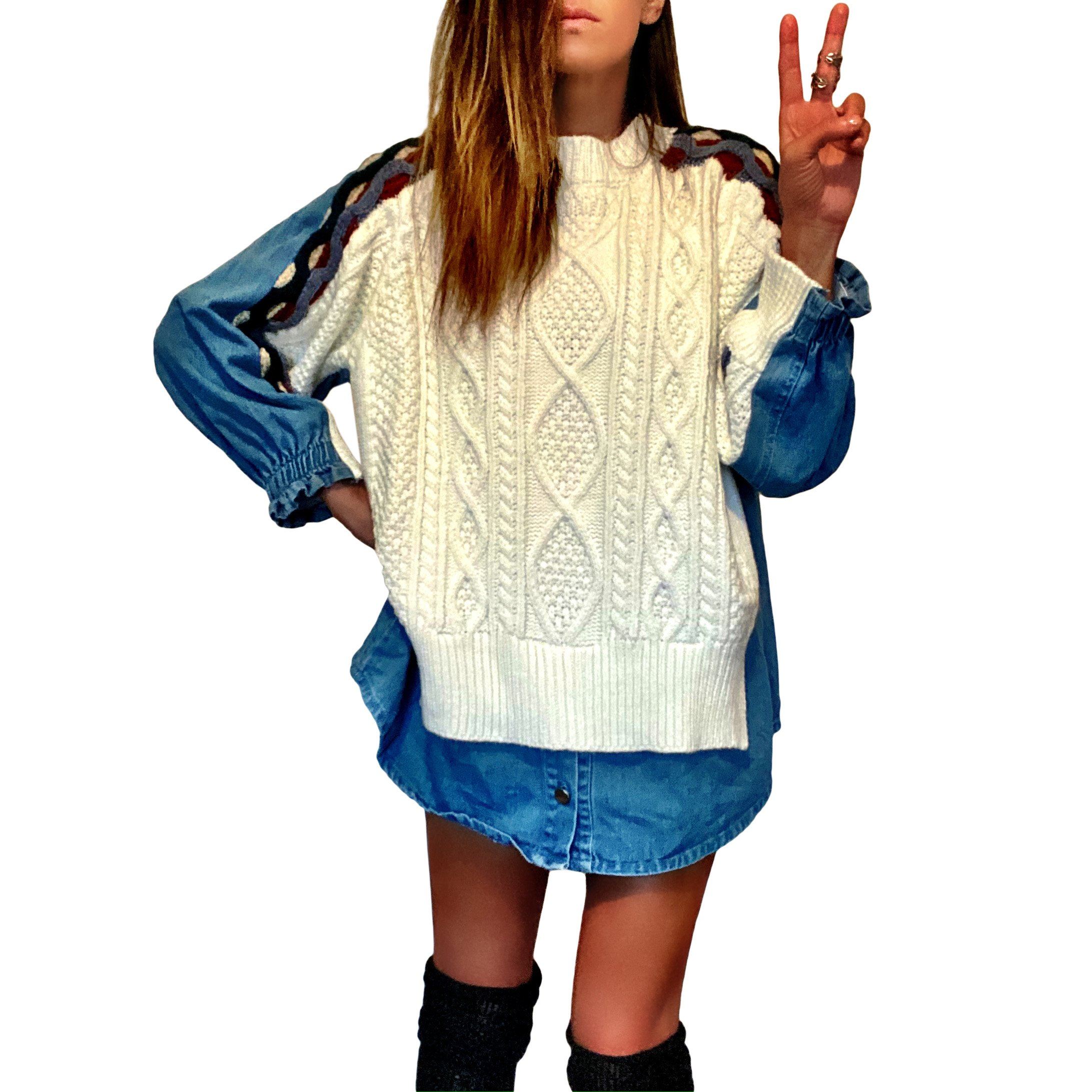 Knit sweater, with denim shirt on back. HO HO HO painted in white, green and red on back with small Santa hat. Signed @wrenandglory.