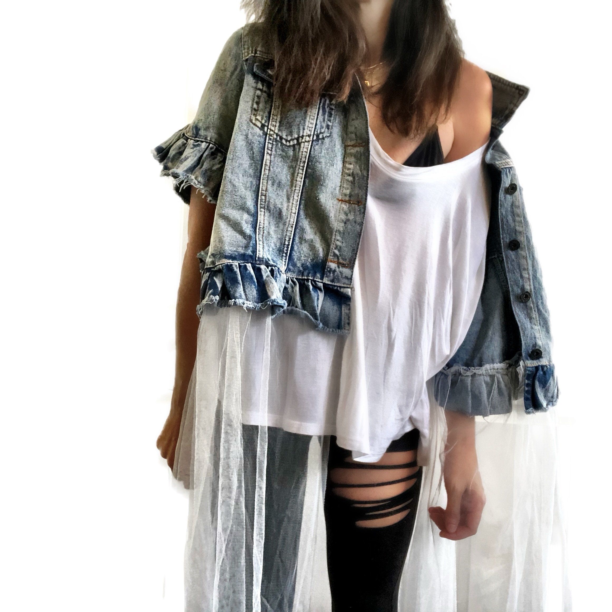 Medium blue denim short sleeve jacket with layer of long white tulle. 'But Is It Art?' painted in black on the back, with black stripes on front pockets and collar. Signed @wrenandglory.