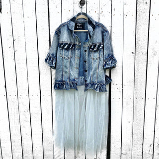 Medium blue denim short sleeve jacket with layer of long white tulle. 'But Is It Art?' painted in black on the back, with black stripes on front pockets and collar. Signed @wrenandglory.