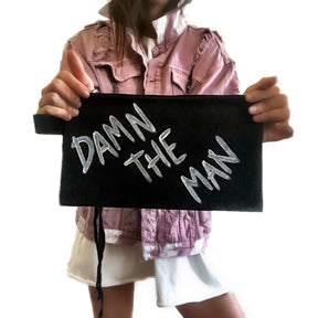 Black denim zippered pouch Hand painted 'Damn The Man' on one side, 'Save The Empire' on the other side.