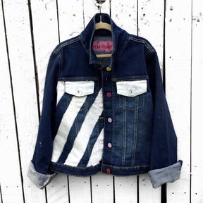 Medium blue denim wash. Broken hearts, one on each jacket, with BEST FRIENDS split up between the 2 jackets. White stripes on diagonal on fronts, pockets painted white. Signed @wrenandglory.
