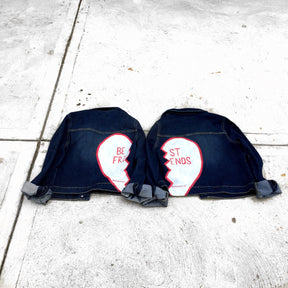 Medium blue denim wash. Broken hearts, one on each jacket, with BEST FRIENDS split up between the 2 jackets. White stripes on diagonal on fronts, pockets painted white. Signed @wrenandglory.
