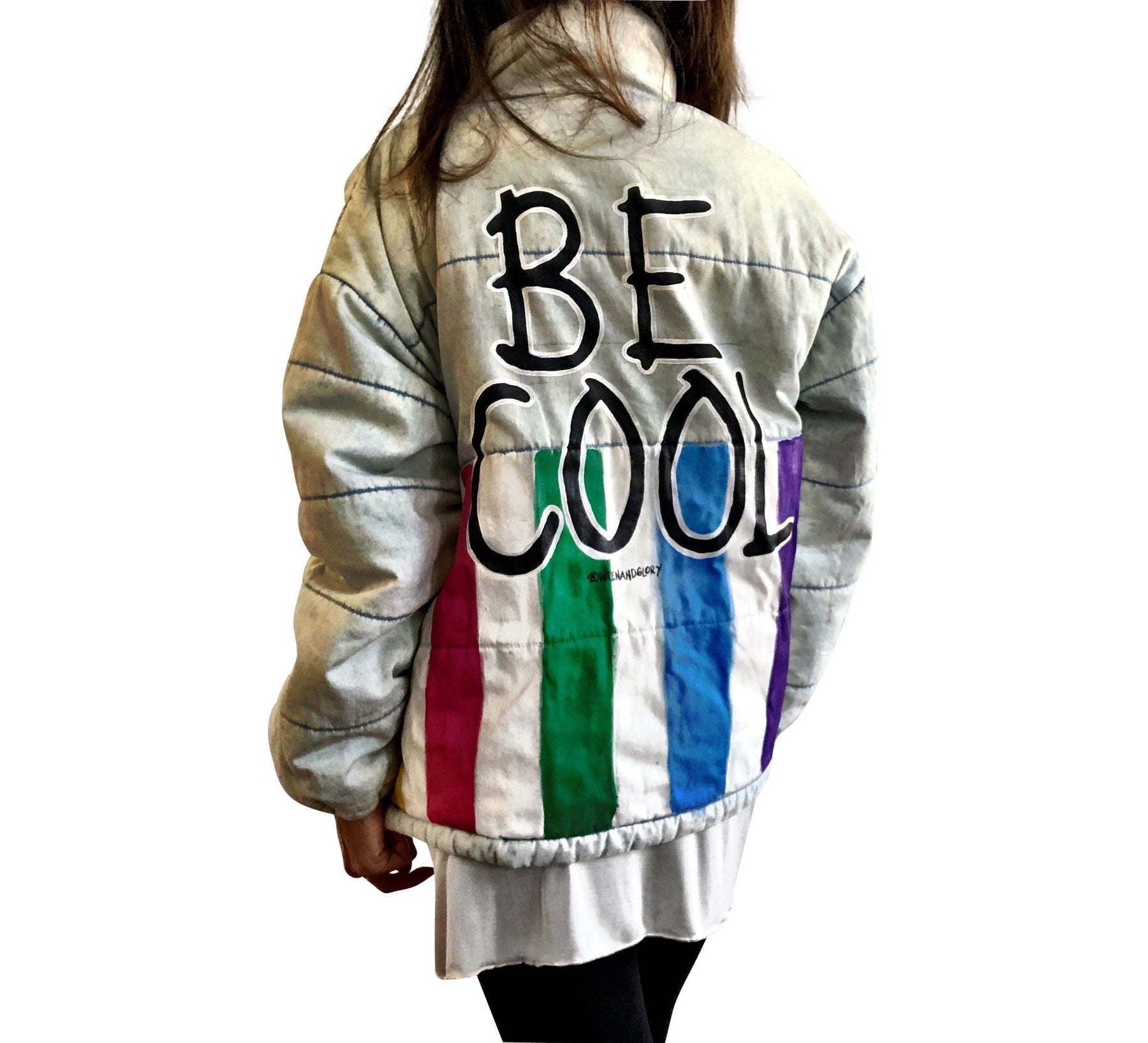 Perfect denim puffer jacket. Rainbow colors painted all across bottom, with BE COOL painted on large on back. Signed @wrenandglory.