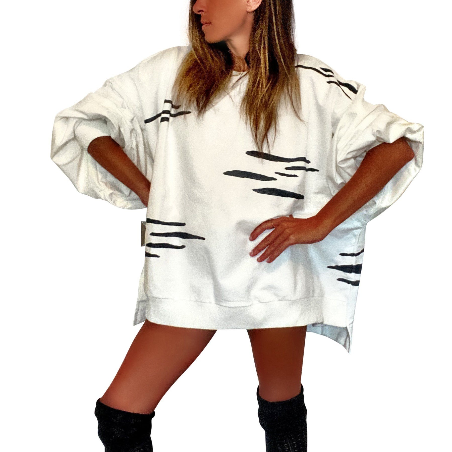 Oversized white crewneck sweatshirt. Zebra pattern painted throughout in black. Signed @wrenandglory.