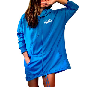 Oversized blue sweatshirt dress. Silhouette of angel painted in black on back, with ANGEL painted on front upper side. Signed @wrenandglory.