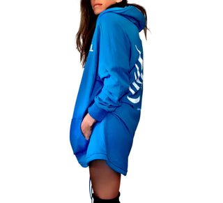 Oversized blue sweatshirt dress. Silhouette of angel painted in black on back, with ANGEL painted on front upper side. Signed @wrenandglory.