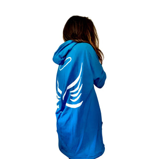 Oversized blue sweatshirt dress. Silhouette of angel painted in black on back, with ANGEL painted on front upper side. Signed @wrenandglory.