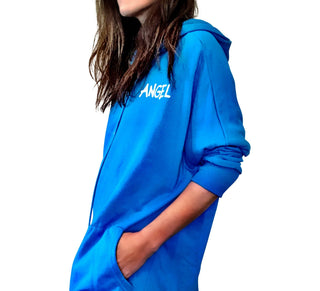Oversized blue sweatshirt dress. Silhouette of angel painted in black on back, with ANGEL painted on front upper side. Signed @wrenandglory.