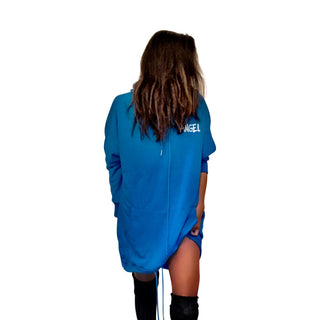 Oversized blue sweatshirt dress. Silhouette of angel painted in black on back, with ANGEL painted on front upper side. Signed @wrenandglory.