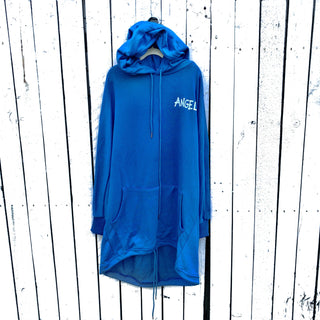 Oversized blue sweatshirt dress. Silhouette of angel painted in black on back, with ANGEL painted on front upper side. Signed @wrenandglory.