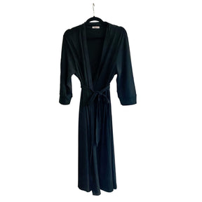 Black, super soft, stretch cotton. robe. LE TIRED painted on the back in gold. Belted, with inside ties for secure closure. Signed @wrenandglory.