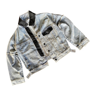 Lighter blue denim wash. White circle, painted MADE IN NYC inside in black.  Pockets and hems painted black Signed @wrenandglory.