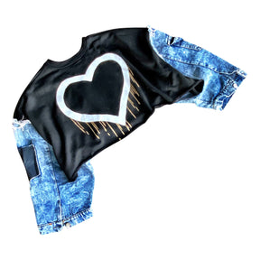 Cropped sweatshirt with denim sleeves. Large heart painted in white, with gold drip effect. Heart side can be worn on the front or on the back. Black painted on pockets of sleeves. Signed @wrenandglory.