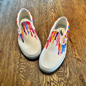 Painted on White Vans Classic Slip-On Assorted colors painted in heavy drip effect across entire sneaker. Signed @wrenandglory. 