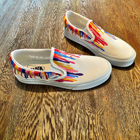 Painted on White Vans Classic Slip-On Assorted colors painted in heavy drip effect across entire sneaker. Signed @wrenandglory. 